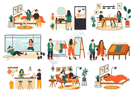 卡通两套日常生活规多彩场景家庭日常活动多彩场景休闲和家务图片素材