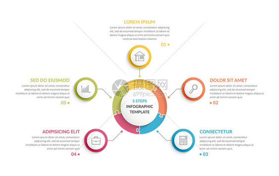 圆形信息模板圆形包含五个步骤或选项的圆形拼图进程创意商业信息图矢量eps10插图圆形信息五个元素图片