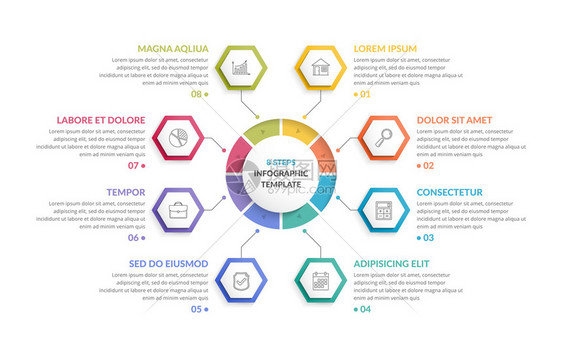 8个六边形的圆信息模板可用作步骤或选项流程图创造商业信息图矢量eps10插图图片