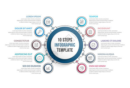 包含10个步骤或选项工作流程图矢量eps10插图的模板图片