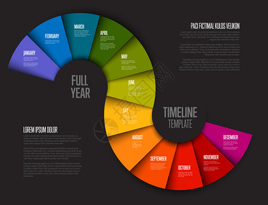 全年时间表模板所有月数在两个圆圈上彩虹纸折叠暗背景版图片
