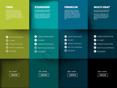 产品服务特征将马赛克列表模板与各种选项描述特征和价格绿色和蓝水平颜版本比较图片