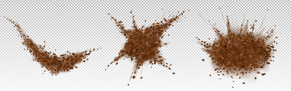 咖啡豆爆炸含有颗粒的阿拉伯粉末地面阿拉伯粉末碎的烤咖啡喷洒粉碎谷物片和在透明背景中隔绝的棕色粉尘矢量现实说明阿拉伯粉末地面背景图片