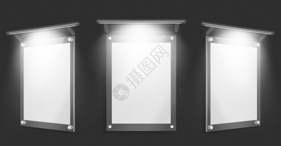 Acrylic海报黑色背景隔绝的墙壁上挂着照明的空白玻璃框空照片模板名称双玻璃横幅持有者模拟现实3D矢量插图带照明的空白玻璃框图片