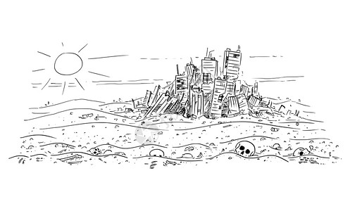 矢量漫画绘或插图荒漠景观有骨头和被抛弃的毁城市背景饥荒流行病文明