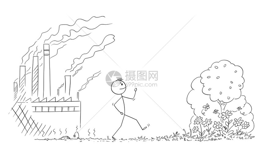 矢量卡通棒图示说明人类从一个自然的地方行走其自然受到重工业污染的破坏到森林污染植物开花矢量卡通说明人类从一个自然的地方行走被工业图片