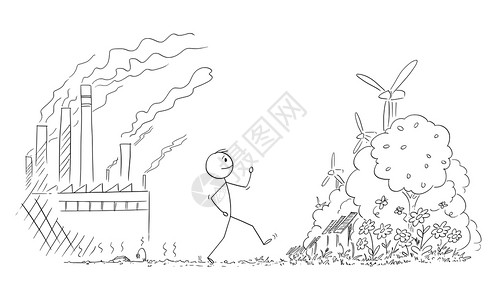 矢量卡通棒图说明人类从重工业和煤炭厂污染破坏的自然之地行走向可再生能源的美好未来矢量卡通说明人类与自然一起行走遭到工业和污染破坏图片