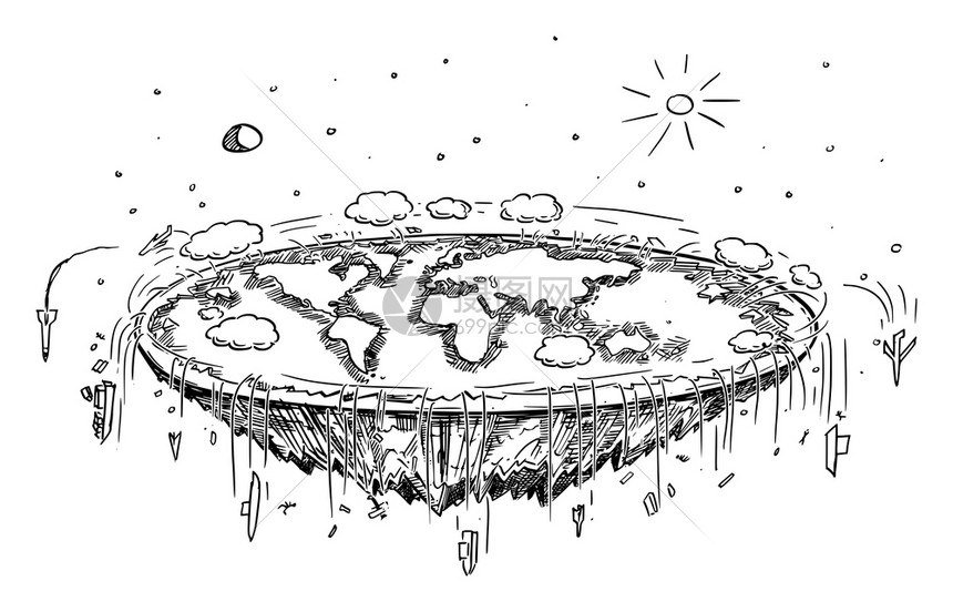 插画 其他 矢量卡通说明或黑白绘制空间中平坦地球概念或平合谋理论