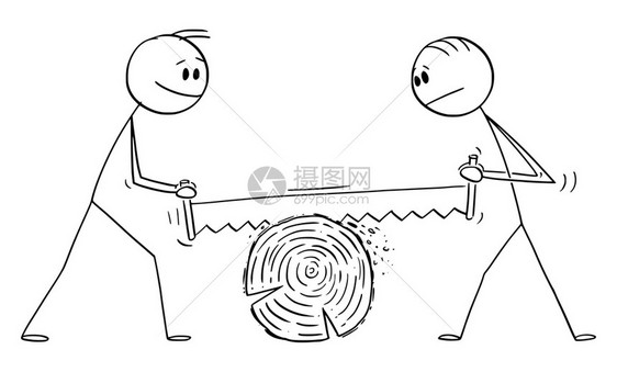 木制合作或团队概念用大手锯砍木的两个人矢量卡通说明木制团队工作或合概念图片