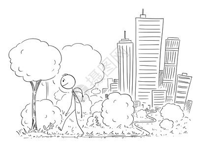 矢量卡通插图说明人类因背景和自然旅行而离开大城市和步行矢量卡通说明人类离开大城市或文明和自然旅行步的矢量卡通说明图片