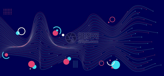 蓝色和粉波线摘要以深蓝色背景为几何技术数字据通信科学概念图片