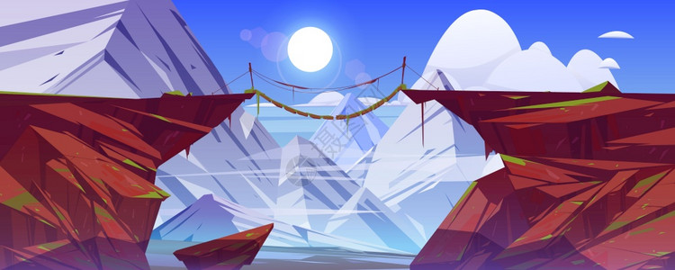 山之间的桥梁悬在崖顶上雪岩峰的地貌背景美丽的色自然观绳子桥状的木横条将岩石边缘连接起来卡通矢量插图山之间的桥悬在崖边图片