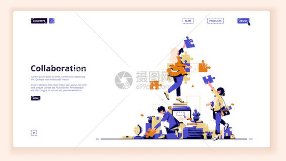 团队协作着陆网页商业人员团队收集分开的拼图合作或伙伴关系创造同事工作进程矢量线艺术网络横幅团队协作着陆网页或络横幅图片