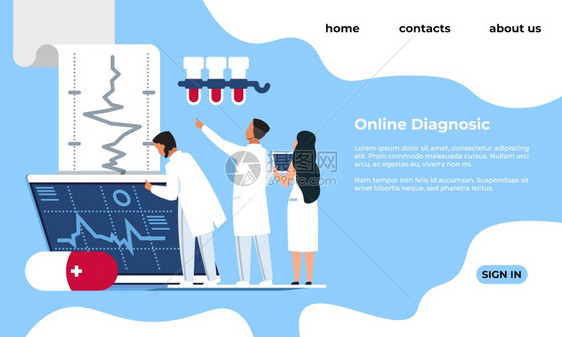 在线诊断着陆网页医疗检测和分析卡通医生检查病人健康现代网络模板配有字母和按钮诊所网站模型病媒接口设计带字母和按钮的网络模板病媒接图片