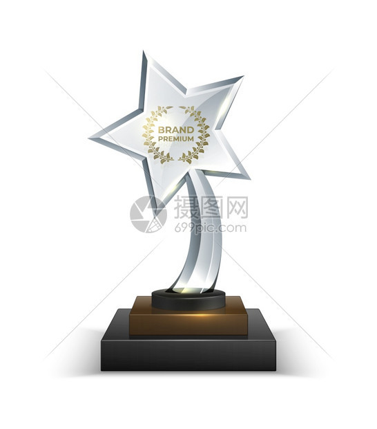 Trophies真实的晶玻璃奖和文本3D星形奖配有金文本和橄榄花环的立方站台向产品质量优异的胜者颁发闪亮奖项配有矢量模型Trop图片