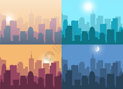 城市景象夜间或日出和落时的城市景象高现代建筑的景观上午或晚及下的城市全景区商业矢量摩天大楼图高的景观矢量图示图片