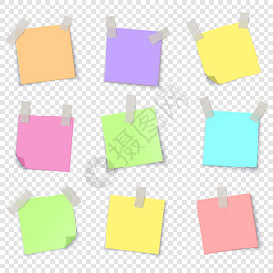 笔记纸带粘合胶的现实多彩纸空白贴粘在透明背景上的提醒符收集带折叠角和复制空间的孤立笔记纸矢量集带粘合胶的现实纸折叠角和复制空间的图片