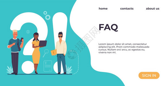 FAQ登陆页面人们问题在线支持服务解决问题的咨询和建议网站设计与按钮和字母的多彩接口矢量UI模板FAQ登陆页面问题在线支持服务解图片