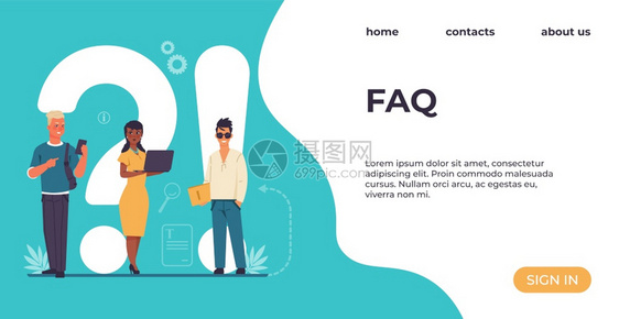 FAQ登陆页面人们问题在线支持服务解决问题的咨询和建议网站设计与按钮和字母的多彩接口矢量UI模板FAQ登陆页面问题在线支持服务解图片