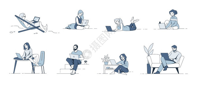 拥有膝上型计算机的人在家庭或户外使用计算机的男女卡通在舒适条件下单独工作的自由职业者现代自营职业者病媒单色板套装在舒适条件下工作图片