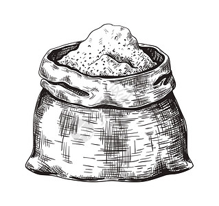 谷物散装手画甘蔗袋从薄饼中提取的黑白草图干散装食品的储存孤立农业
