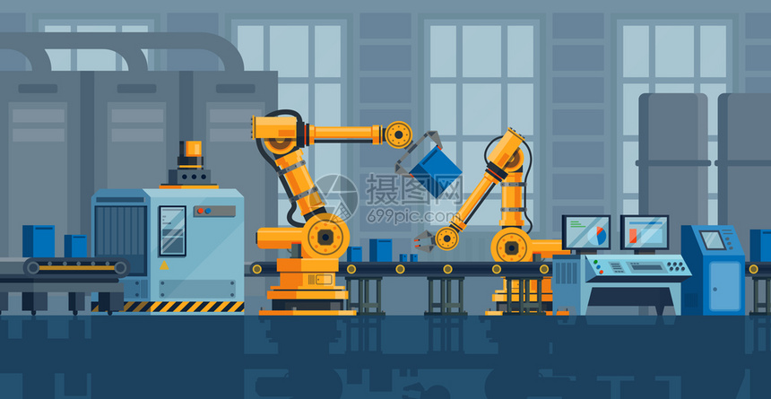 室内工厂制造传送器机人武工业线路自动生产设备电子技术硬件机器人系统优化技术病媒概念电子硬件机器人优化技术病媒概念图片