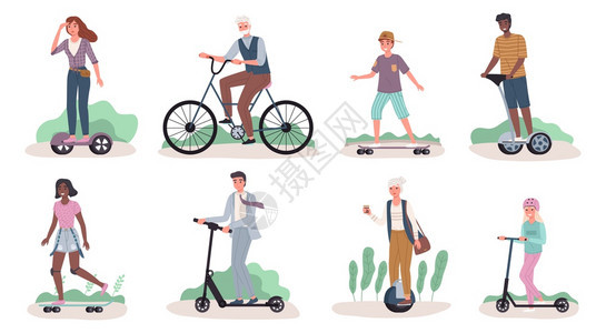 乘坐生态运输的人男和女驾驶个现代街道交通移动绿色电运骑摩托车和滑板机上和自行车矢量器的人骑生态运输的人驾驶个街道交通移动电的人骑图片