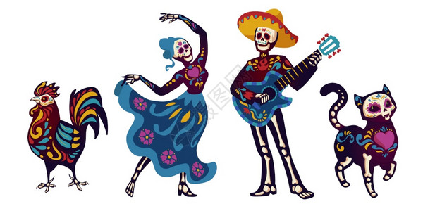 日卡特里娜舞或马亚奇音乐家猫和公鸡骨架配饰墨西哥元素万圣节晚会日卡通矢量图的卡通矢量插图图片