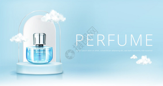 香水喷雾瓶上在蓝天背景用玻璃瓶子模拟香化妆品促销广告3D矢量图图片