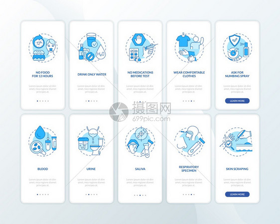 装有概念的移动应用程序页面屏幕上的血液测试提示实验室测试样本通过5步的图形指示带有RGB颜色插图的UI矢量模板装有概念的移动应用图片