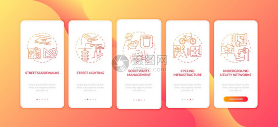 公共服务和设施横穿5步图形说明带有RGB颜色插图的UI矢量模板带有概念的城市基础设施红登上移动应用程序页面屏幕图片