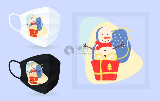 冬假面罩模型带有抽象元素布局蓝色红装饰品带围巾的雪人现代创作风格的多彩2D图形状Trendy孤立的面条图解冬季假面罩模型带有抽象图片