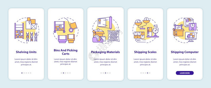 仓库订单组织通过5步图形指示UI矢量模板配有RGB彩色插图仓库管理装有概念的移动应用程序页面屏幕图片