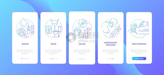 血液样本尿皮肤刮过5步图示说明带有RGB颜色插图的UI病媒模板带有概念的移动应用程序屏幕上的实验室样本图片