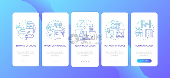 货物航运接受含概念的深蓝上载移动应用程序页面屏幕货物放走流通过5步图形教学配有RGB彩色插图的UI矢量模板货物航运配有概念的深蓝图片