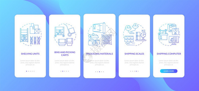 仓库订单组织通过5步图形指示UI矢量模板配有RGB彩色插图仓库管理黑暗蓝色装有概念的移动应用程序页面屏幕图片