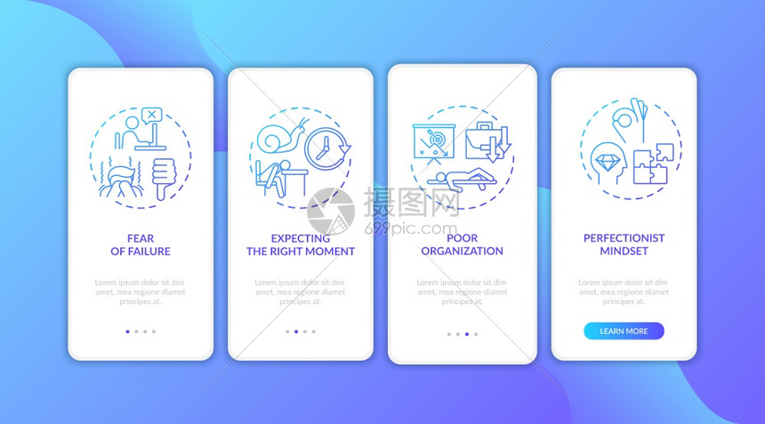 在带概念的移动应用程序页面屏幕上登入移动应用程序页面屏幕的延迟原因失败恐惧组织解体走过四步图形指示带有RGB颜色插图的UI矢量模图片