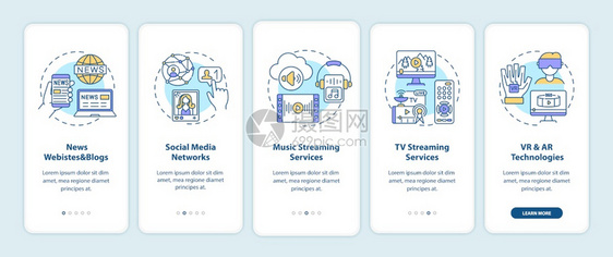 带有概念的移动应用程序页面屏幕上的新媒体示例闻网站音乐流通过5步图形指示配有RGB颜色插图的UI矢量模板图片