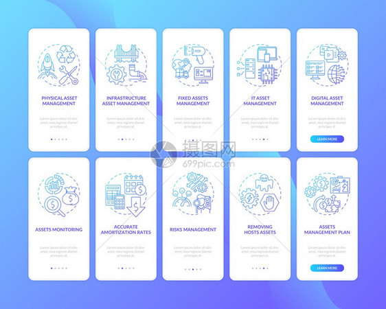 包含概念集的移动应用程序页面屏幕上的资产管理类型摊销率计划行走5步图形指示配有RGB彩色插图的UI矢量模板配有概念集的移动应用程图片