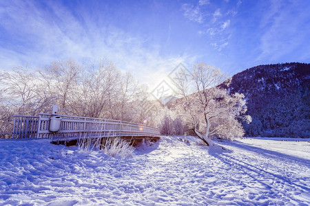 古时冬季风景木桥和雪树背景的山脉图片