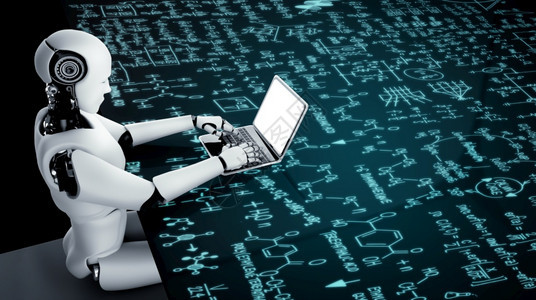 机器人造体使用笔记本电脑坐在工程科学研究桌前使用人工智能脑和机器学习过程进行工研究用于第4次工业革命3D转化机器人造体使用笔记本图片