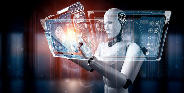 人类机器在第四次工业革命的人智能和机器学习过程中在人工智能思考大脑人工智能和机器学习过程中使用移动电话或平板用于第四次工业革命3图片
