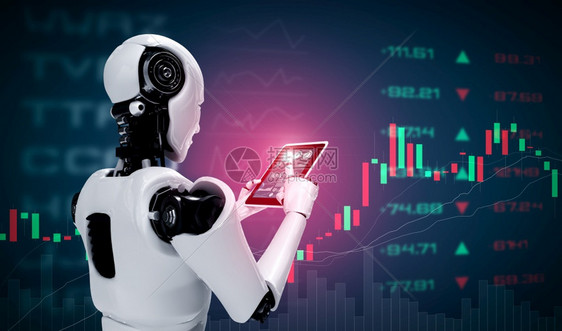 人工智能思考大脑人工智能和机器学习过程3D插图在股票市场交易概念中使用平板电脑的机器人图片