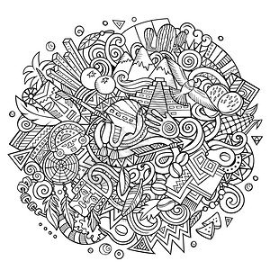 利马秘鲁手画的漫图解有趣的旅行设计创意艺术矢量背景秘鲁元素和对象线艺术构成有趣的设计插画
