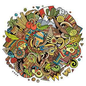 秘鲁手画的漫图解有趣的旅行设计创意艺术矢量背景秘鲁元素和对象多彩构成有趣的设计图片