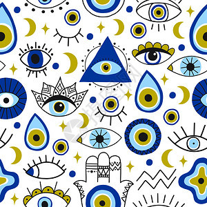 抽象眼睛图案邪恶的手画了turkish眼睛潮流的背景当代神奇的眼睛图案当代神奇的眼睛图案现代神奇的眼睛图案带月亮和星的神奇护身符图片
