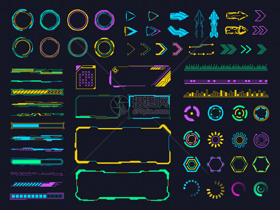 界面正hu元素数字全息饱和图框架用户屏幕菜单元素未来全息图板矢量说明集彩色虚拟箭头信息边框数字全表和框架图片