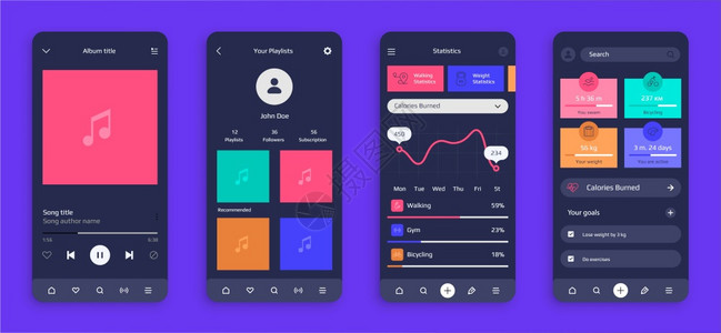 手机界面ui移动UI现实智能手机屏幕音乐和健身应用的现代界面设计音乐播放器和体育统计含有信息图和按钮的黑暗显示模型矢量集现实智能屏幕音乐和健插画