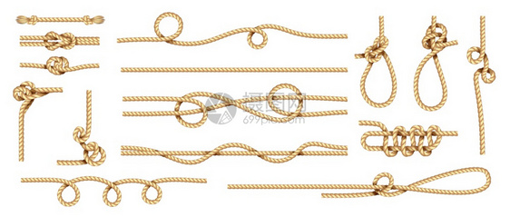 现实的结节绳点和圆线纹孤立的海洋扭曲环圈收集来自纤维的条纹绳索带的黄水手电缆装饰模板矢量集现实的结节绳点和线孤立的海洋扭曲环圈从图片