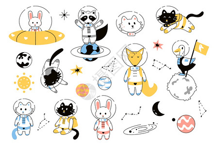 太空动物外星和系冒险宇航员穿太空衣的可爱猫和狐狸兔子或浣熊在太空船上飞的卡通鹅和探索宇宙矢量航员组空间动物外行星和系冒险宇航员穿图片